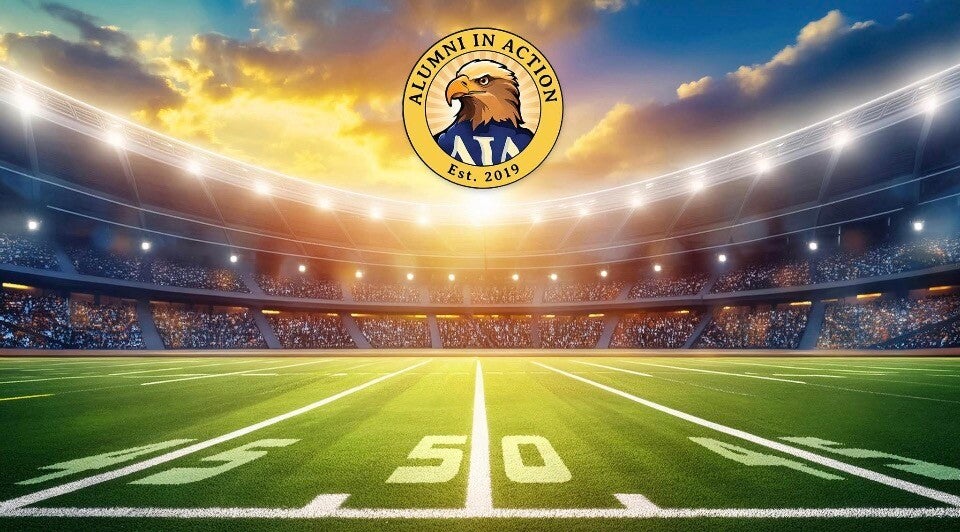 The fifty-yard line under stadium lights