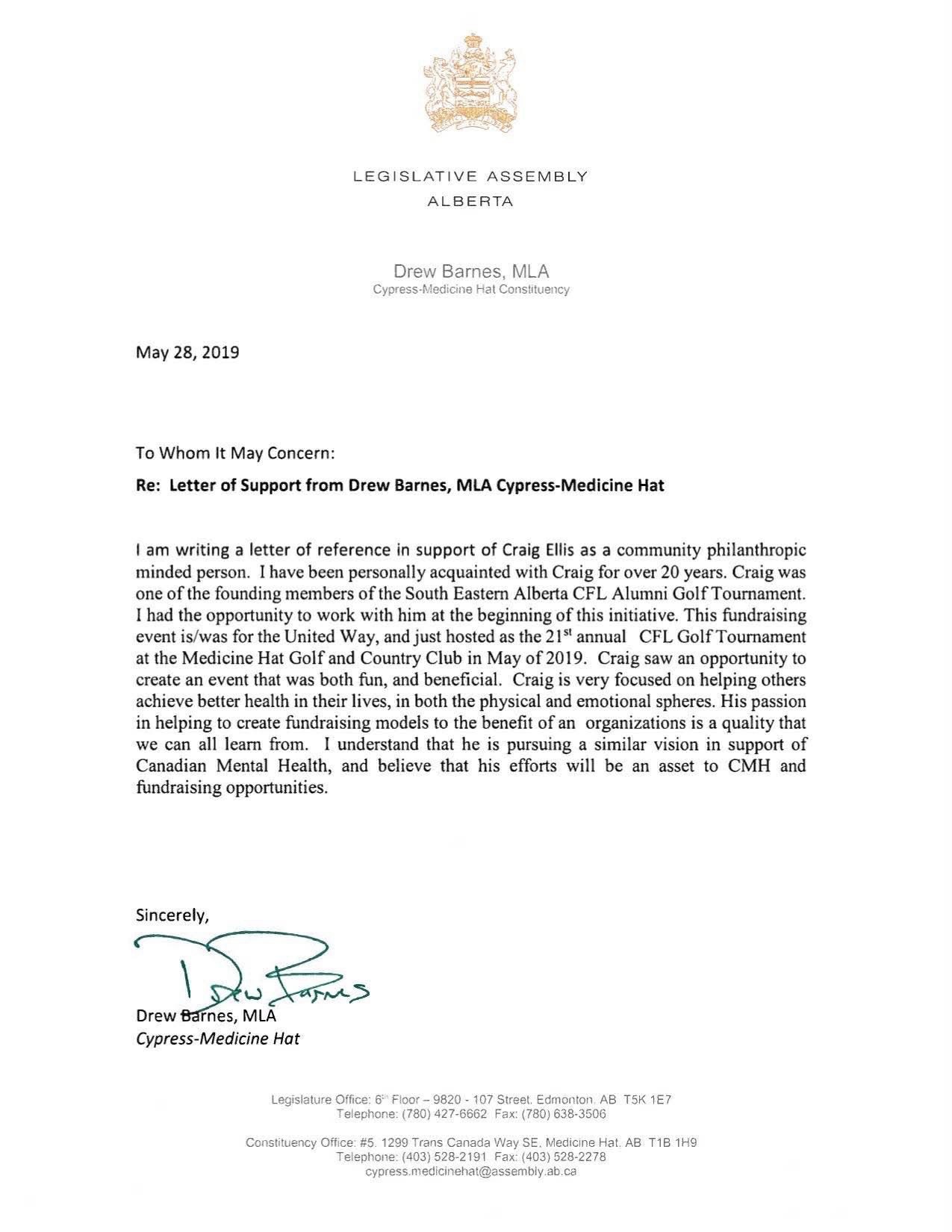 Letter of support from Drew Barnes, MLA