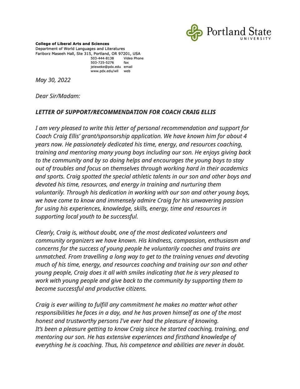 Letter of recommendation for Coach Craig Ellis