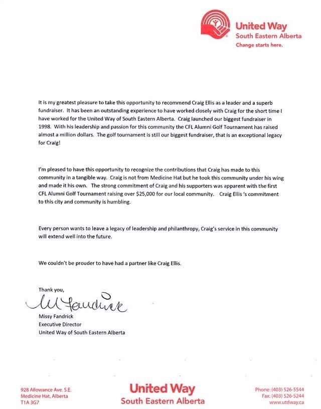 Letter of support from United Way of South Eastern Alberta