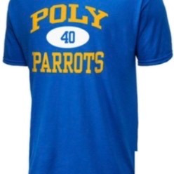Royal blue POLY Parrots t-shirt with a gold wordmark and a number 40 oval